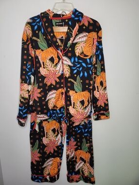 Room Service Tiger Floral Pajama Set Shawl Collar Knit Loungewear Size Large